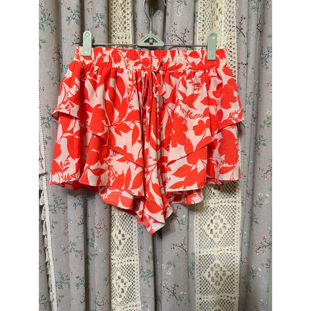 The Refinery Small Coral Floral Ruffle Layered Shorts High Waist